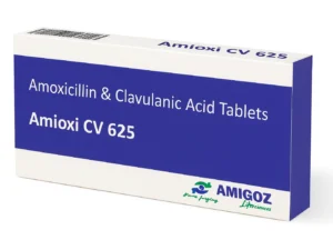 Amioxi CV 625 Amoxicillin and Clavulanic Acid Tablets box with white and deep blue packaging on a plain white background, showing AMIGOZ Lifesciences branding.