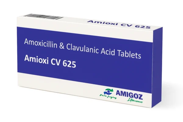 Amioxi CV 625 Amoxicillin and Clavulanic Acid Tablets box with white and deep blue packaging on a plain white background, showing AMIGOZ Lifesciences branding.