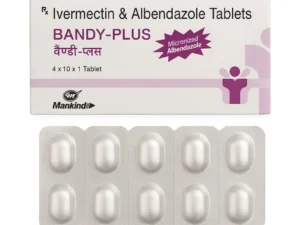 Box and blister pack of Bandy-Plus Ivermectin & Albendazole Tablets by Mankind, featuring white packaging with purple accents and ten white oval tablets on a plain white background.