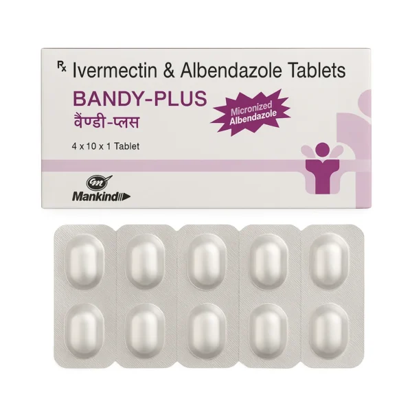 Box and blister pack of Bandy-Plus Ivermectin & Albendazole Tablets by Mankind, featuring white packaging with purple accents and ten white oval tablets on a plain white background.