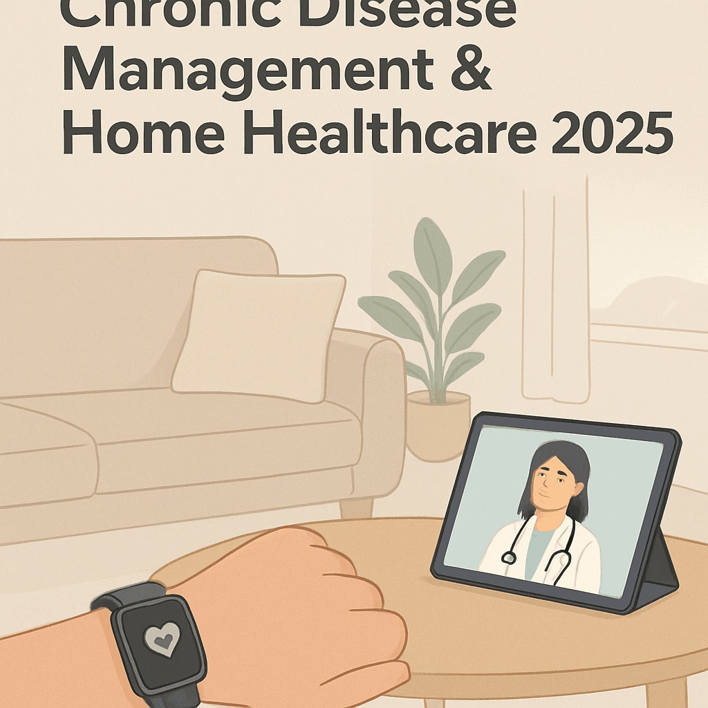 Illustration depicting compassionate home healthcare and chronic disease management in 2025—a patient receiving supportive care from a healthcare provider in a comfortable home setting, surrounded by simple health technology devices.