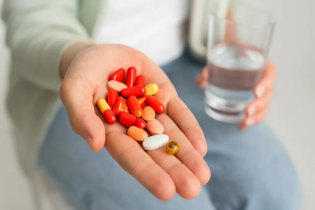 A person holding assorted colorful generic medicine capsules and tablets in their hand with a glass of water in the background.