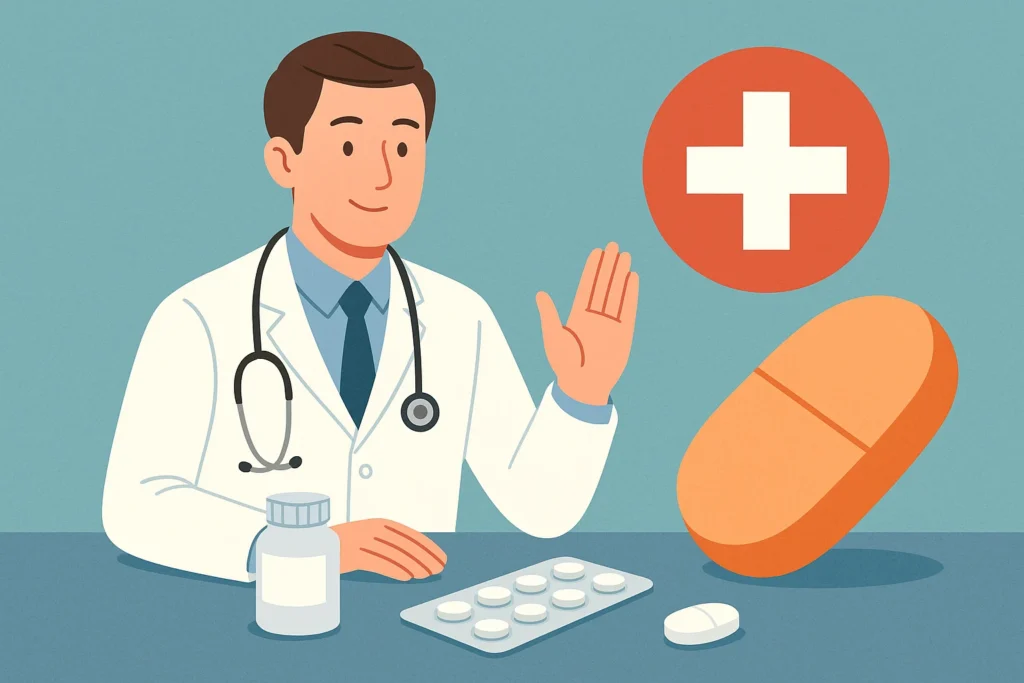 Illustration of a doctor in a white coat with a stethoscope, sitting at a table with medicine tablets, a pill bottle, and large capsules, symbolizing medical use of hydroxychloroquine and antimalarial drugs.
