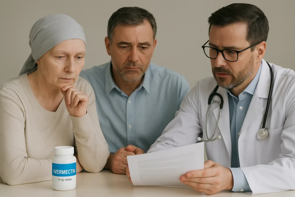 Doctor discussing ivermectin treatment options with a patient during cancer or COVID-19 consultation, with medicine bottle visible on the table.