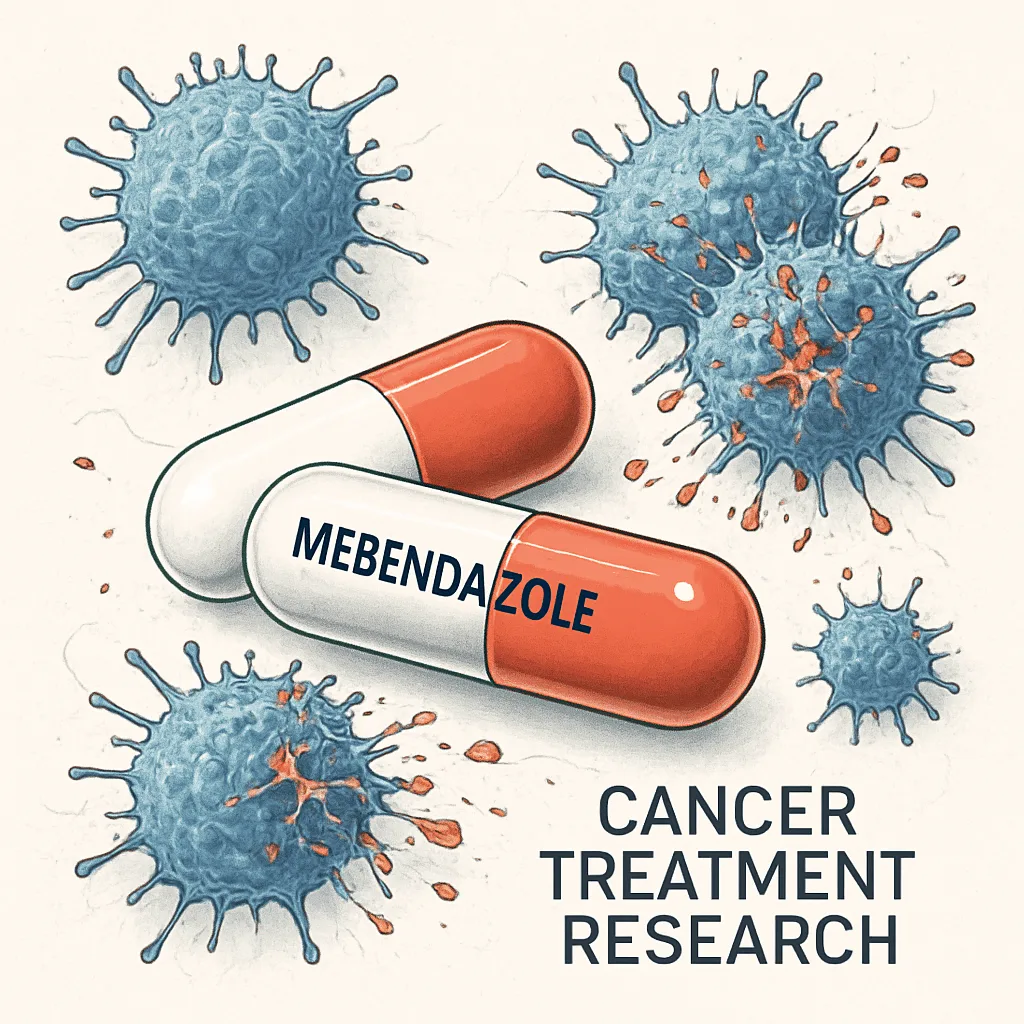 Illustration showing mebendazole capsules amidst a field of cancer cells, with some cells breaking apart or being affected by the medication, representing ongoing research into mebendazole’s potential as a cancer therapy.